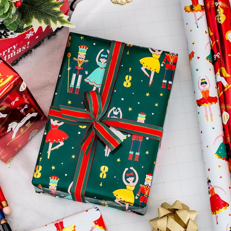 Yarcony Christmas Wrapping Paper Roll - 17In x 120In Per Roll - Metallic Foil Vintage Style Holiday Nutcracker, Red Rocking Horse, Christmas Ballet Present Gift Wrap Paper for Birthday, Baby Shower - Image 3